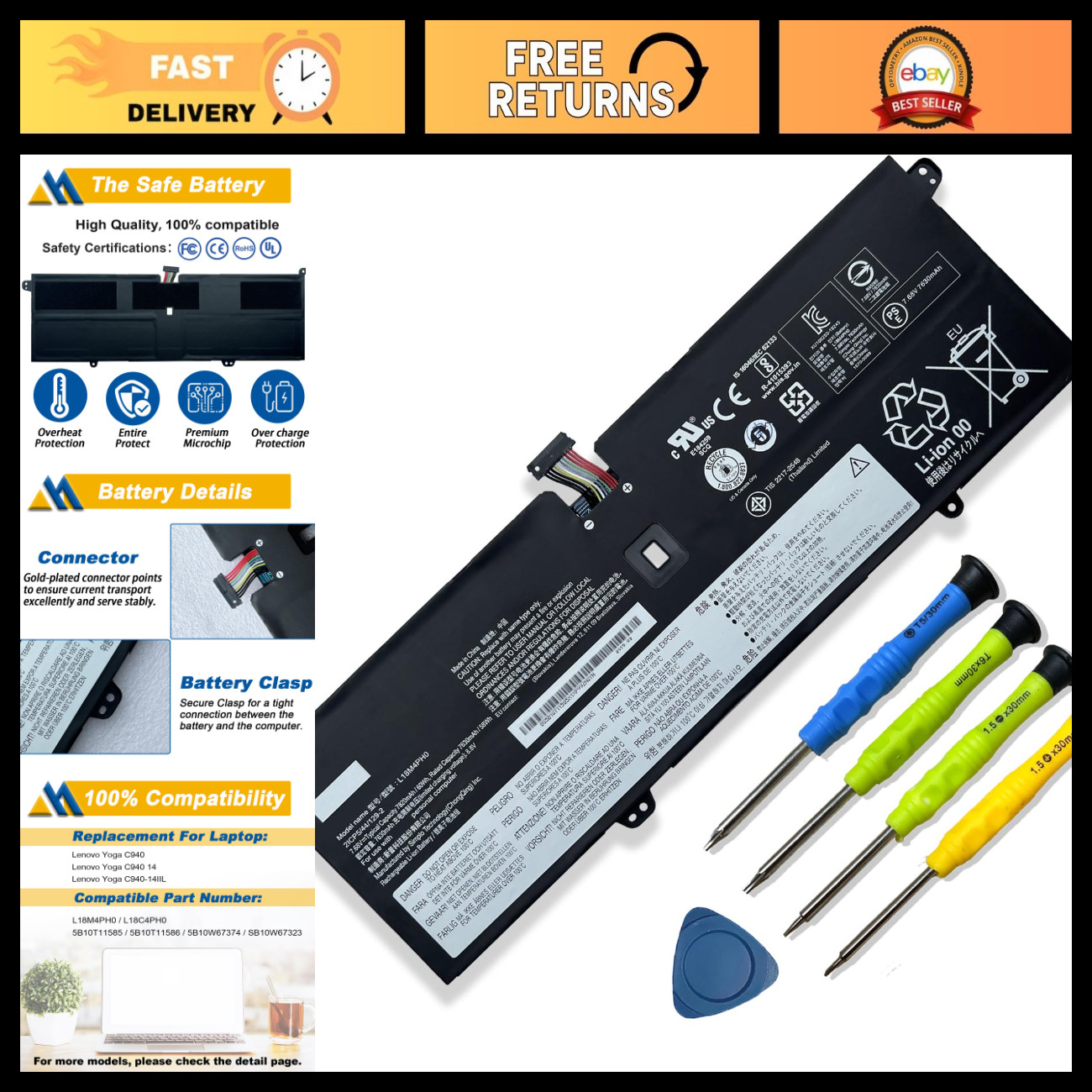 High-Capacity Laptop Battery Replacement for Lenovo Yoga C940 14" & 15" - 60Wh 7
