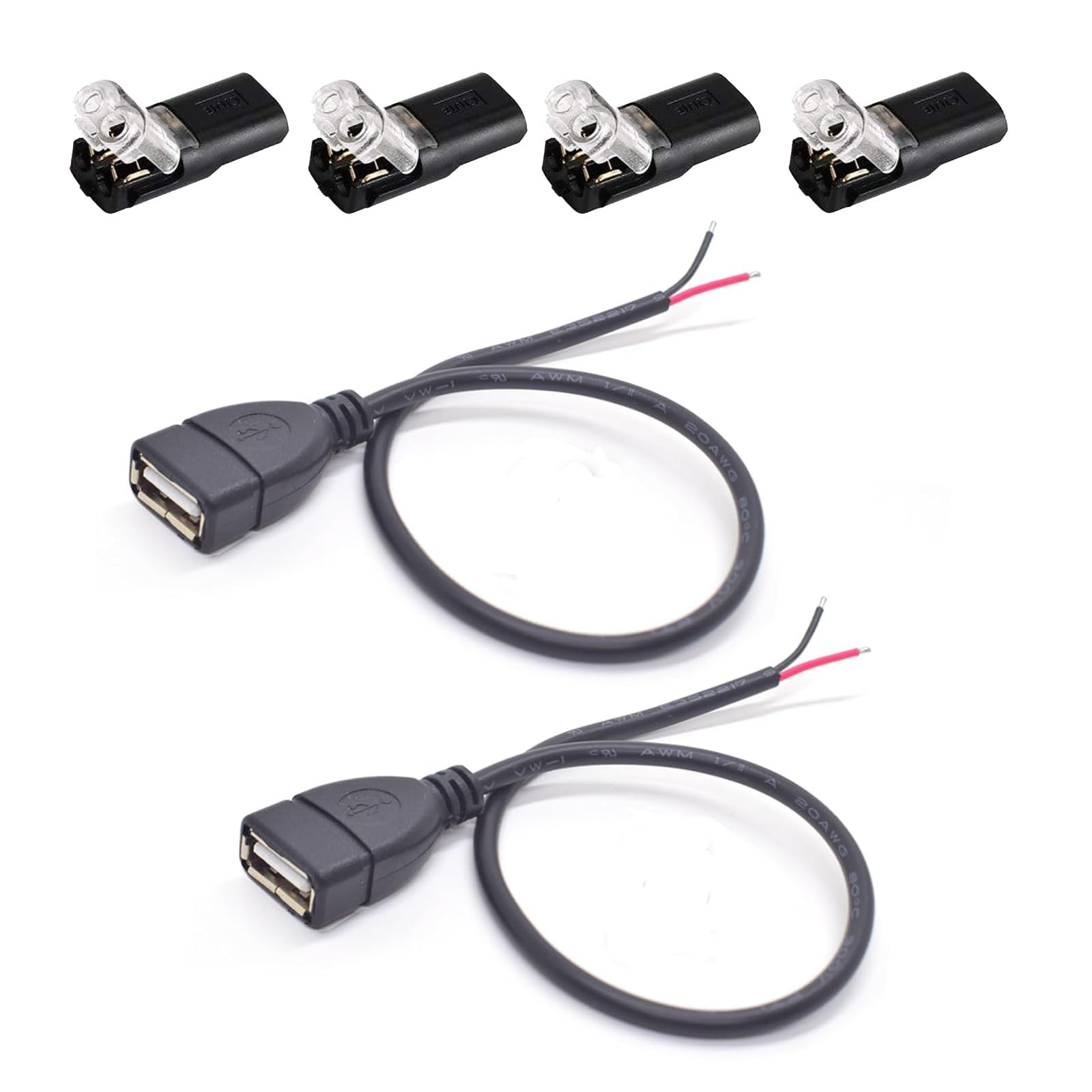 ELNONE 2PCS 20AWG USB A Female Pigtail，0.3M/1FT 2.0 2 Pin Black
