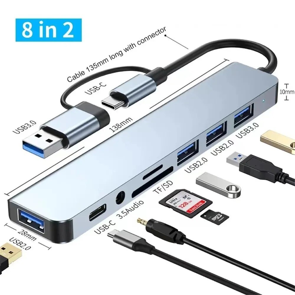 8 In 2 USB HUB With Splitter Card Reader, USB C Port, USB 3.0 / 2.0, SD/TF Split