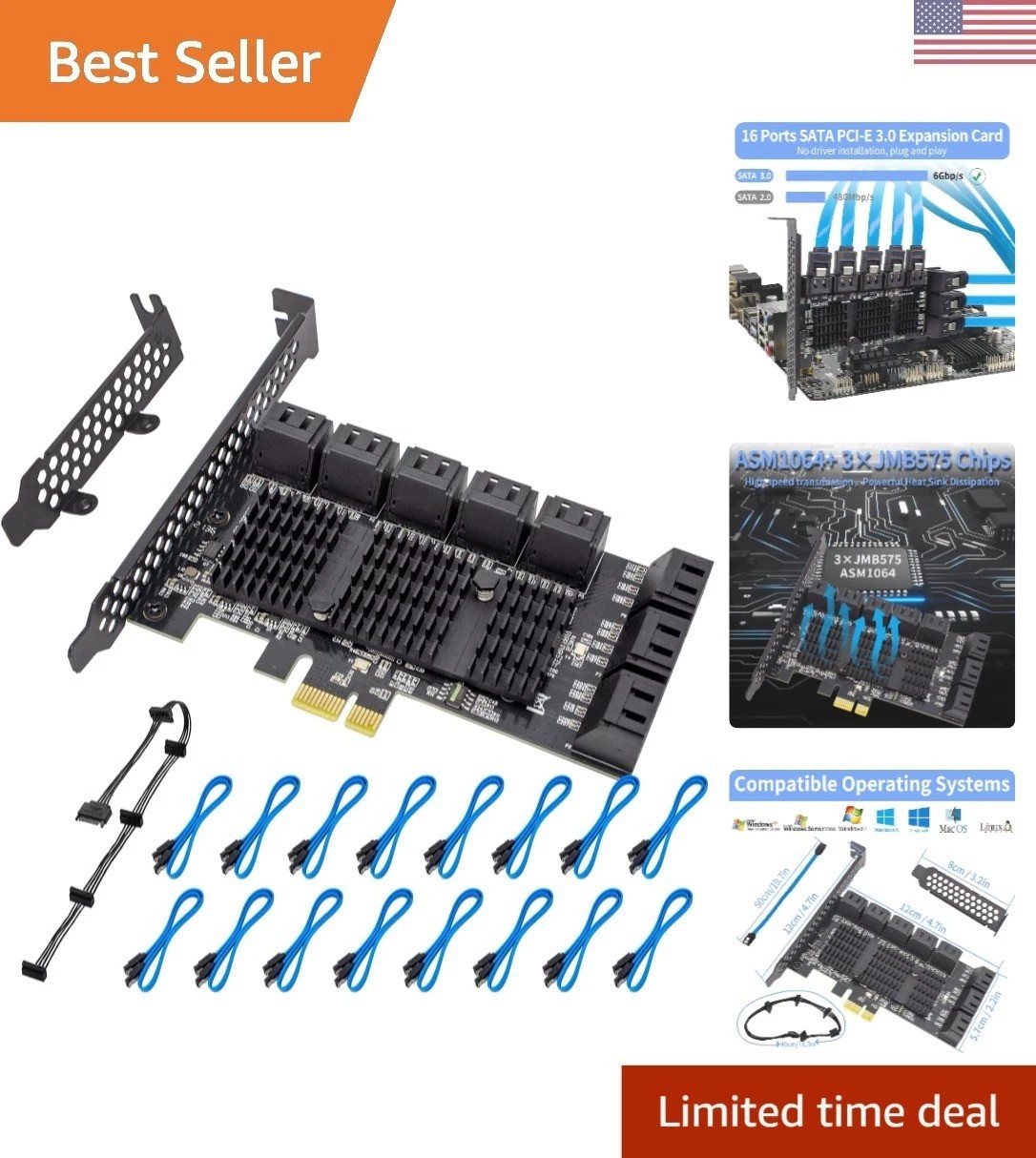 Advanced PCIe SATA 16-Port Expansion Card - Supports Windows, MAC & Linux