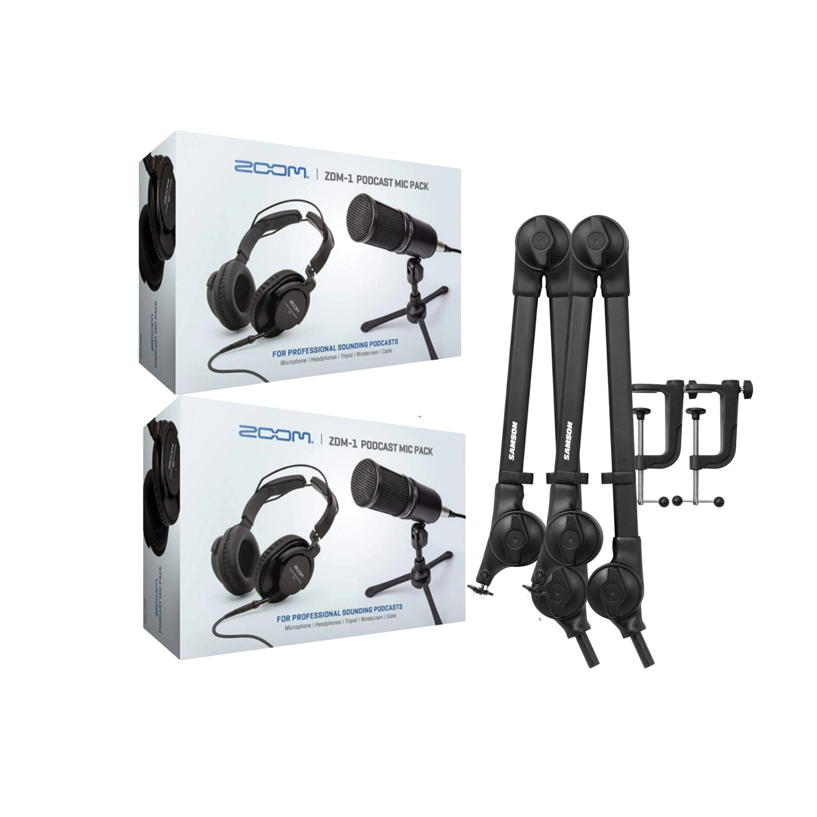 Zoom ZDM-1 2-Person Podcast Microphone Pack Boom Arm Bundle PRO