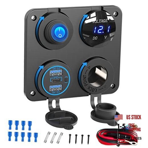 12V USB Outlet 4 in 1 Marine Socket Panel, 66W Multi USB Power Fast Charger
