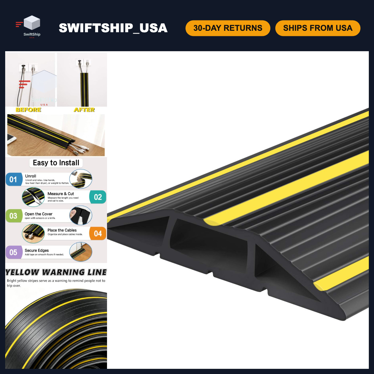 10Ft Floor Cord Covers, 3-Channel PVC Cable Protector, Anti-Slip Base, Yellow St