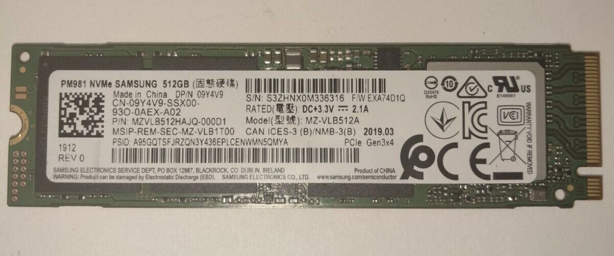 Samsung PM981 NVMe 512 gb, model MZ-VLB512, rated DC+3.3V