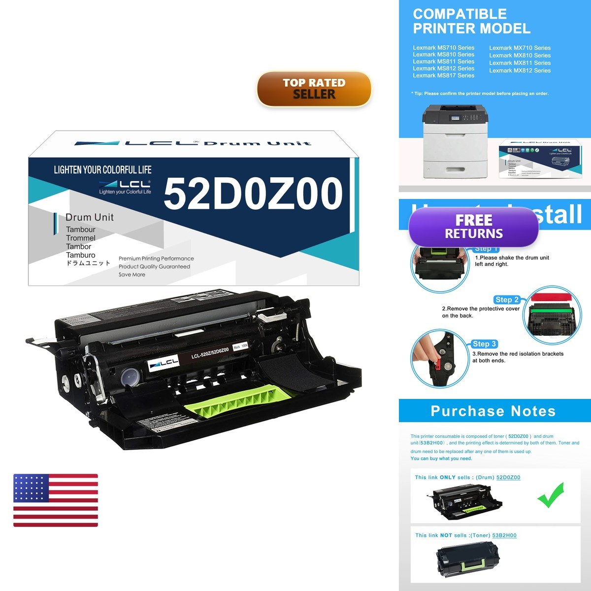 52D0Z00 Drum Unit for Lexmark MS710 MS810 MS811 MS812 MX710 MX711 (1-Pack)