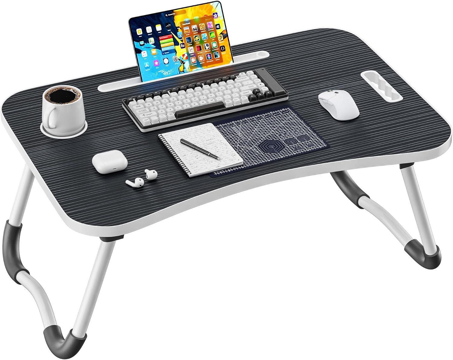Folding Lap Desk 23.6 Inch Wood Bed Table with Cup Holder Portable Black Tray