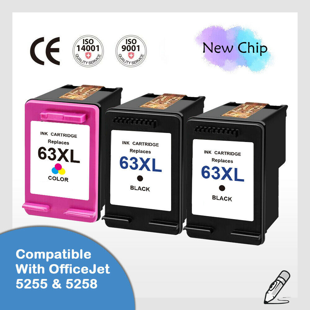 3Pk 63XL Black & Color Ink Cartridge for HP OfficeJet 4654 3833 3834 4655 5258 .