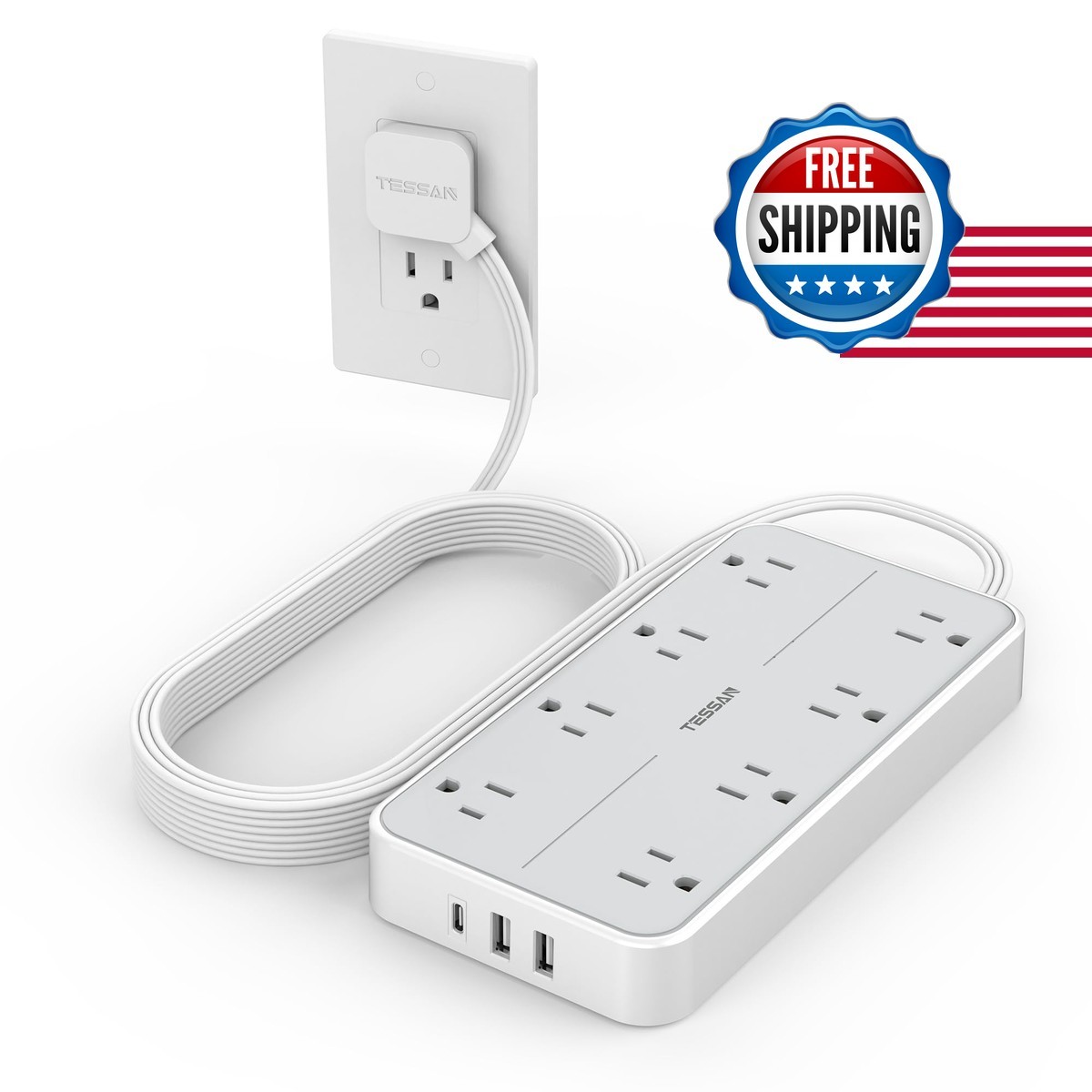 TESSAN Power Strip Surge Protector, 10FT Flat Plug Extension Cord