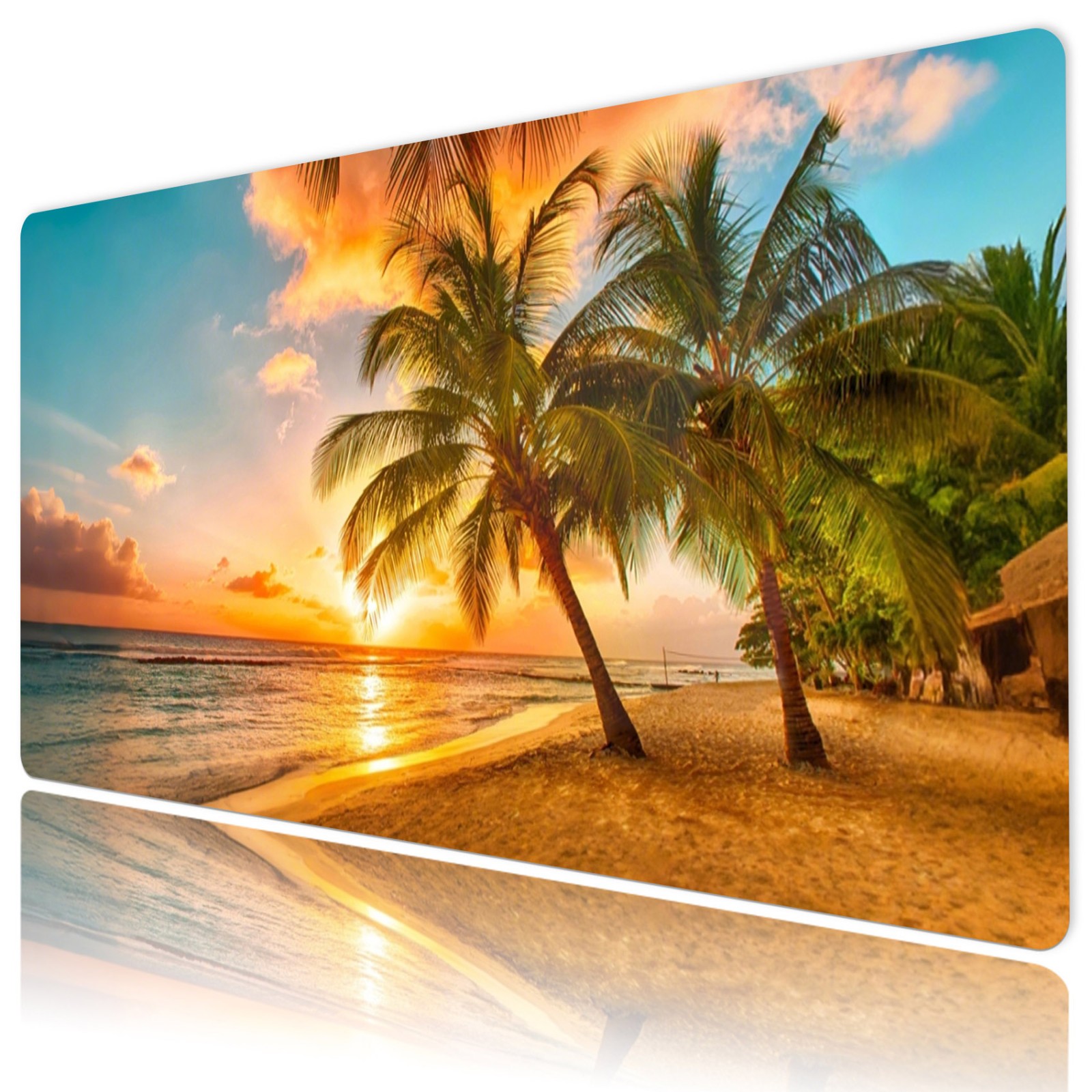 Sunset Landscape Green Palm Leaf Beach Desk Mat for Keyboard and Mouse Desk Pad