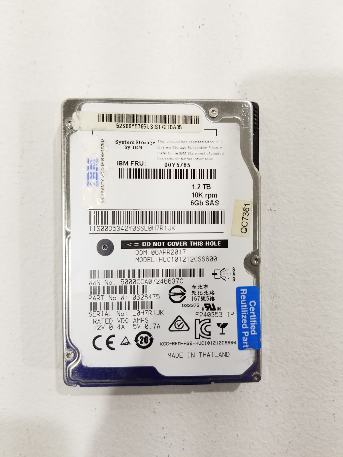IBM HUC101212CSS600 1.2TB 2.5" 6Gb/s 10K RPM SAS Hard Drive FRU P/N: 00Y5765