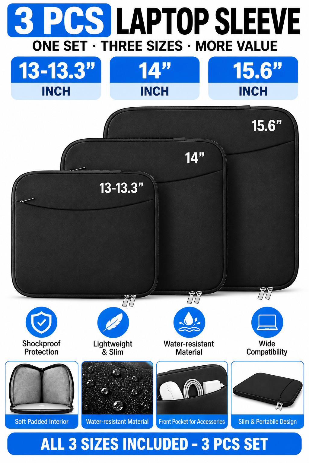 3 Pack Laptop Sleeve Case Set 13-13.3 14 15.6 Inch Shockproof Protective Bag
