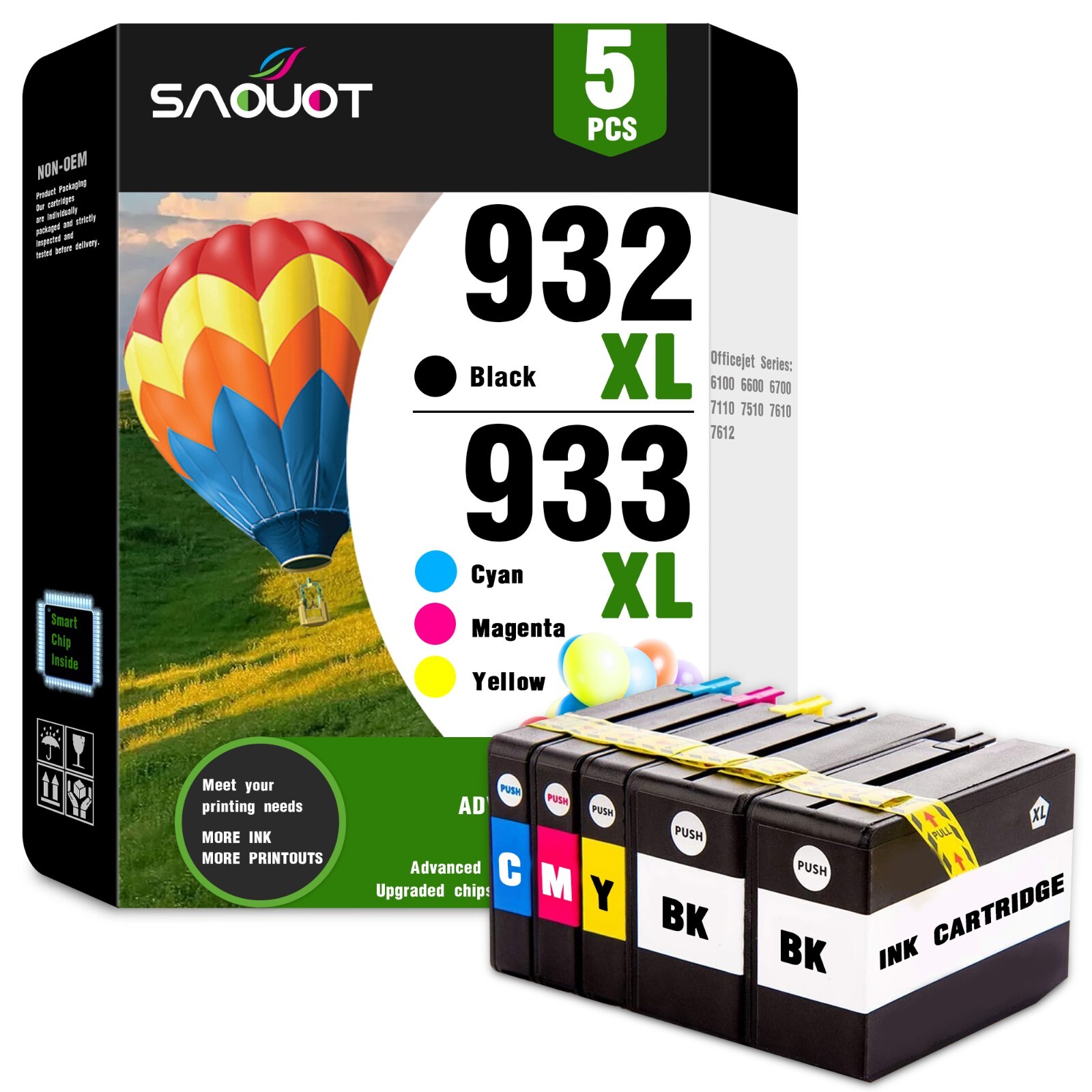 932XL 933XL Ink Combo 5-Pack for HP Officejet 6100 7612 6700 Printers