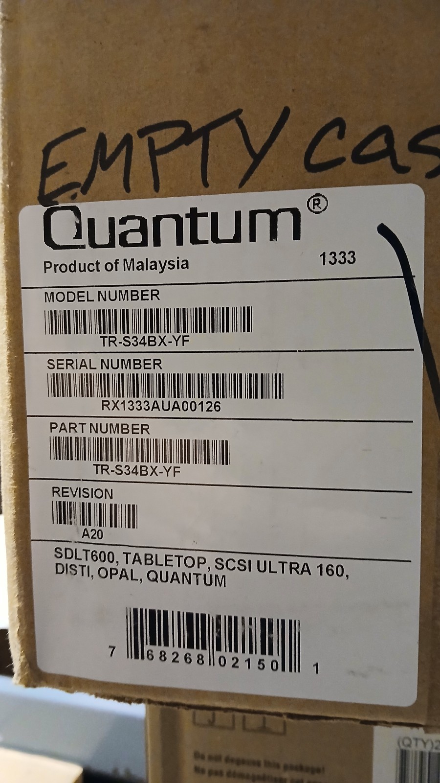 Empty Quantum SDLT 600 External Case for Tape Drive  TR-S34BX-YF LVD