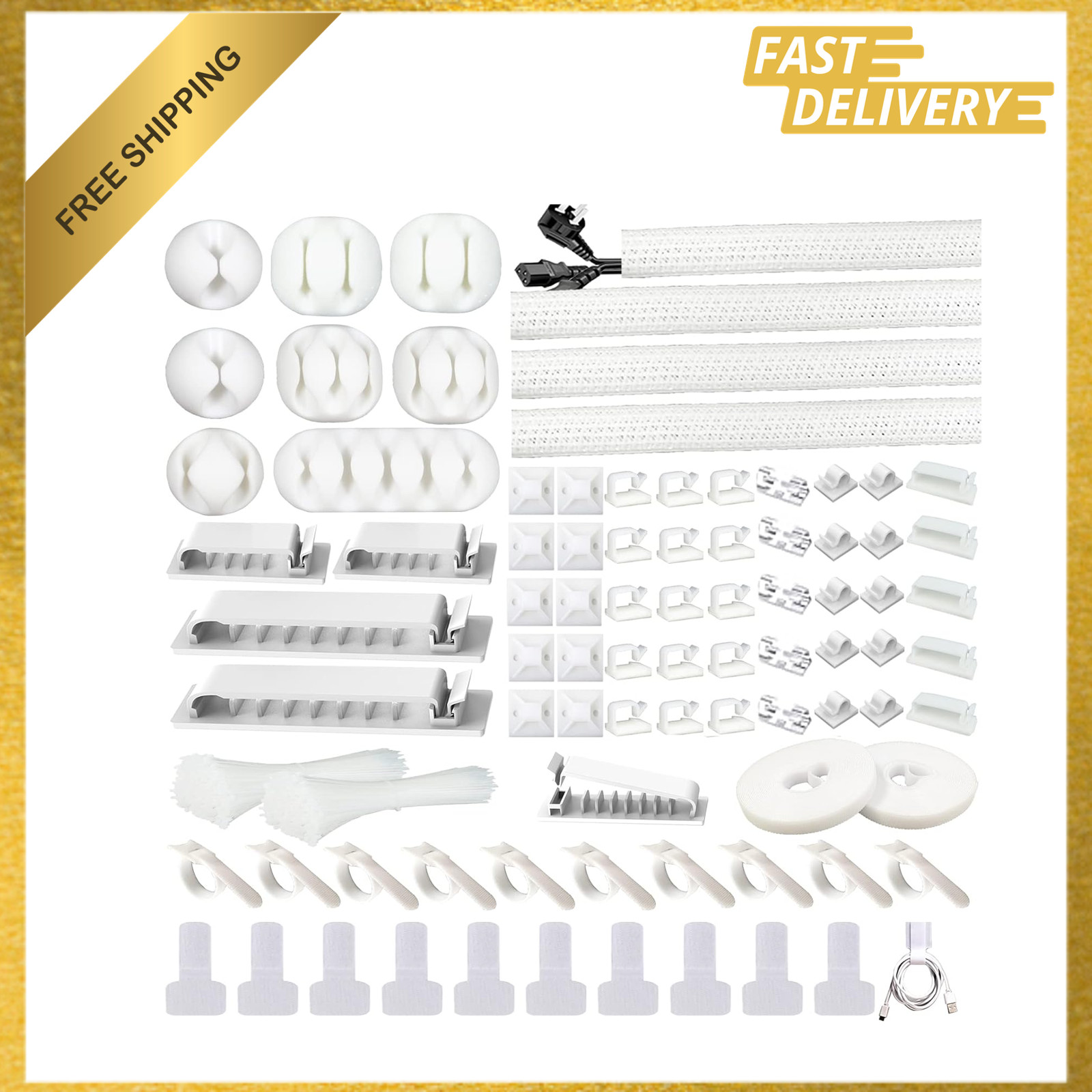 White Cable Management Organizer Kit, 4 Cable Sleeves, Split, 311Pcs, Black and