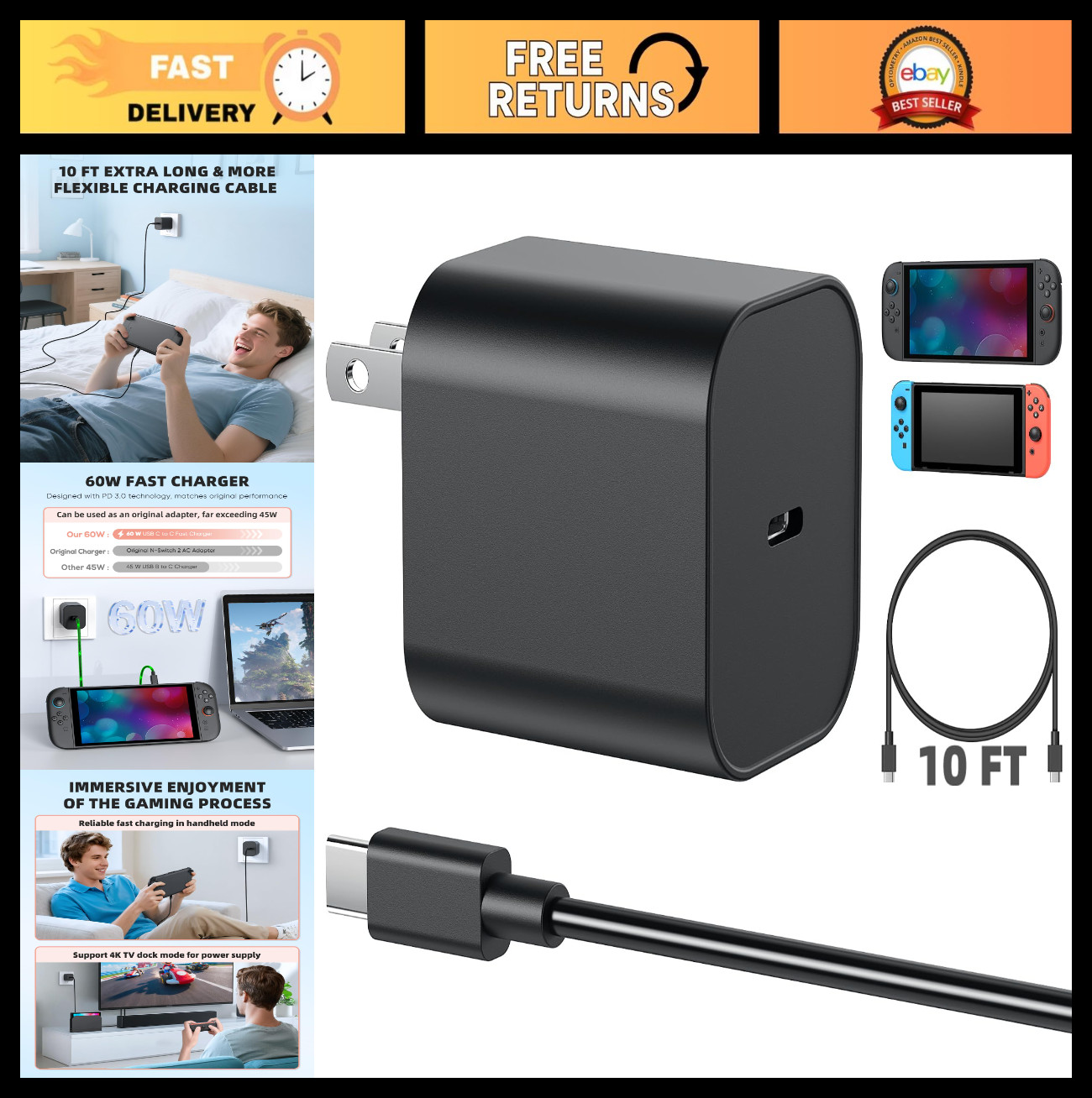 10FT Extra Long 60W AC Adapter Charger for Nintendo Switch, 4K TV Dock Support,