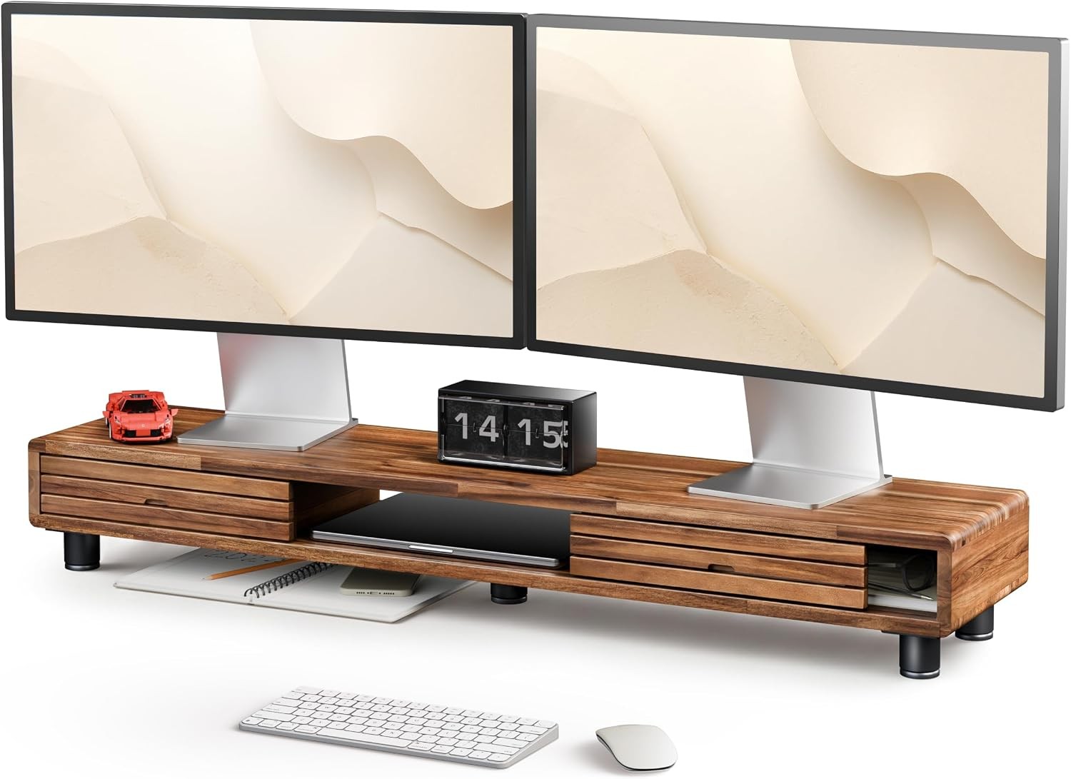 42.5" Dual Monitor Stand Riser W/ Sliding Doors – Solid Acacia Wood Desk Shelf 2