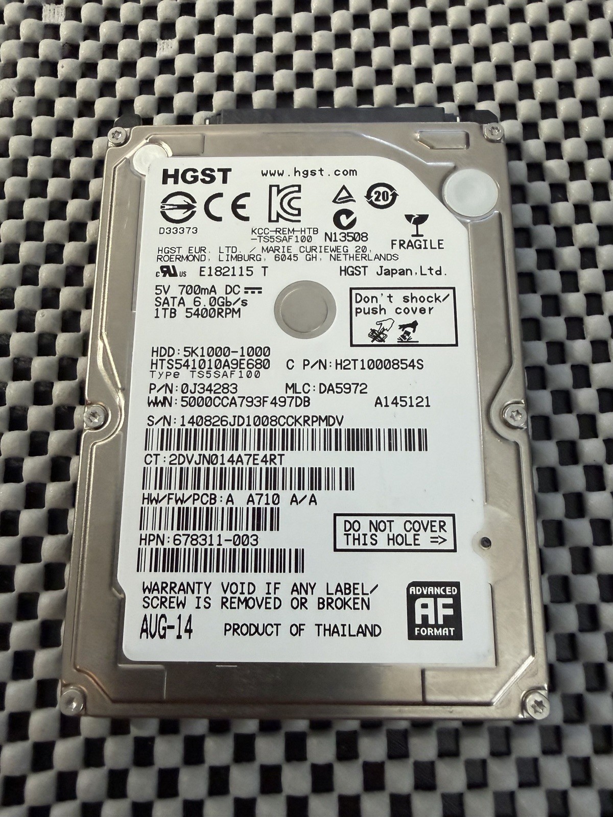 HGST 1TB HTS541010A9E680 SATA / 8MB Cache 5400RPM Laptop HDD