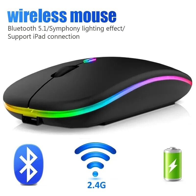 2.4GHz Wireless Optical Mouse USB Rechargeable RGB Cordless Mouse For PC Laptop