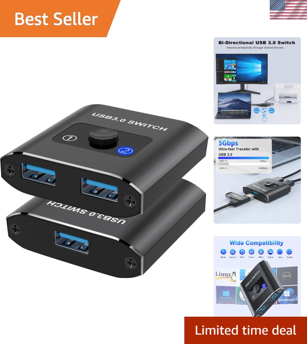 Aluminum USB 3.0 Bi-Directional Switch - Share 2 Devices Effortlessly