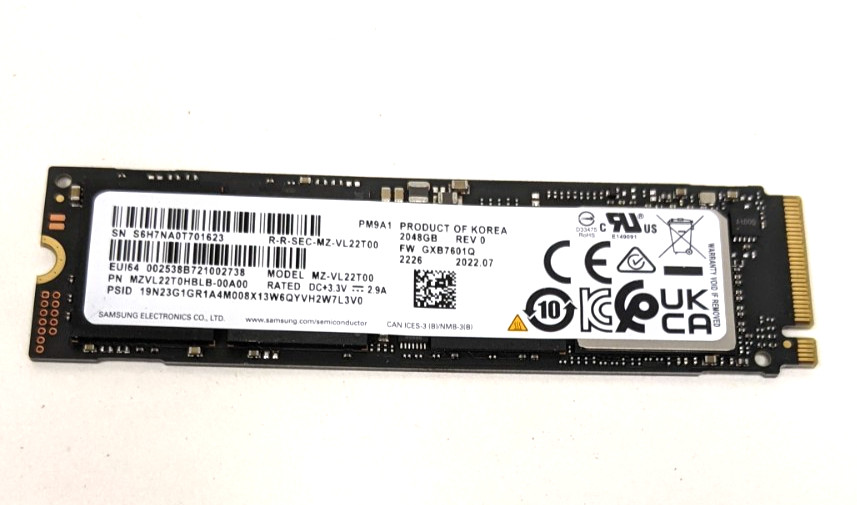 Samsung PM9A1 2TB NVMe M.2 SSD PCIe Gen4 MZ-VL22T00 Tested Working Used