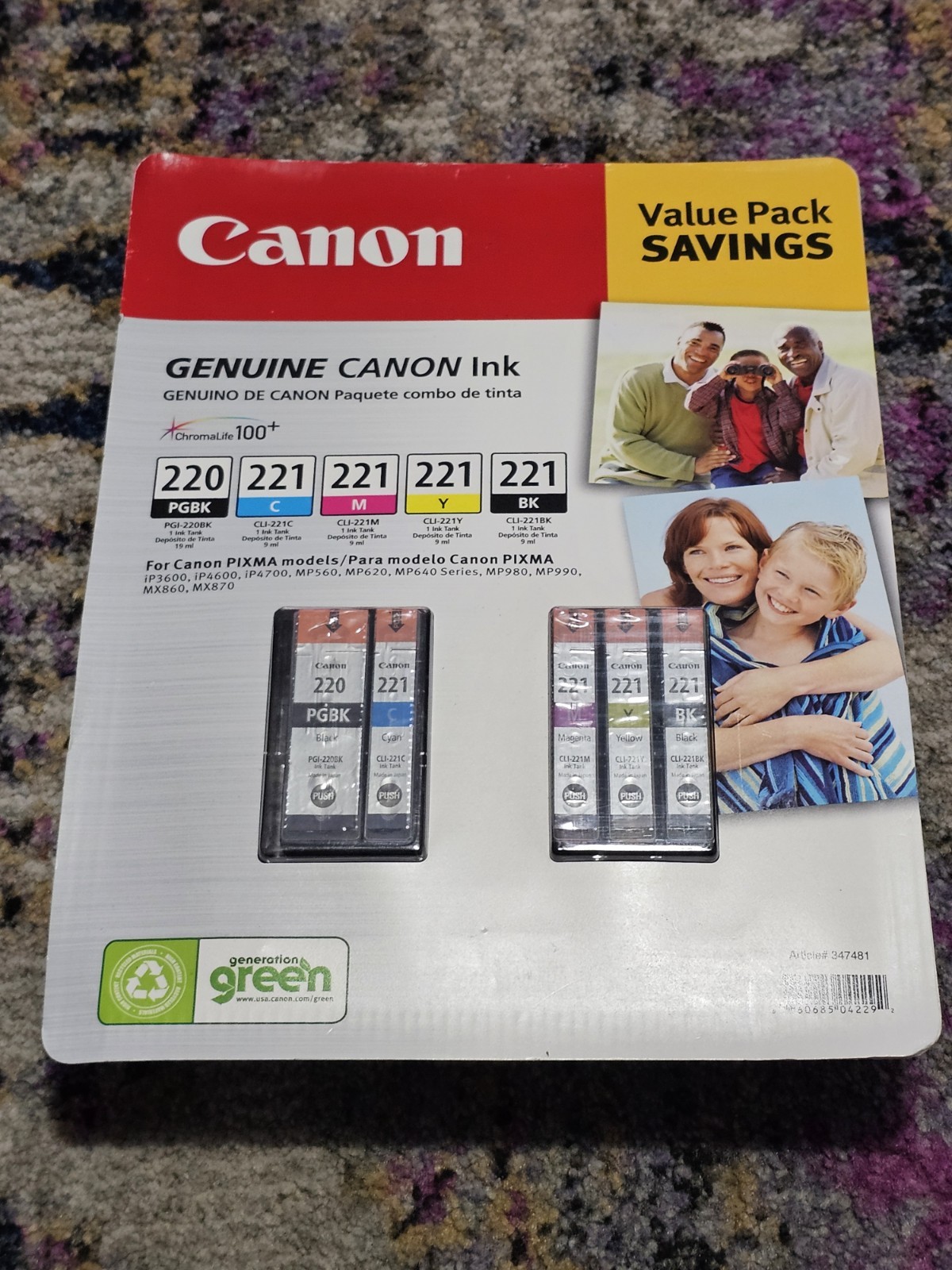 Canon 220/221 Value Pack Black/Color Ink Cartridges 5/Pack Cyan Magenta Yellow