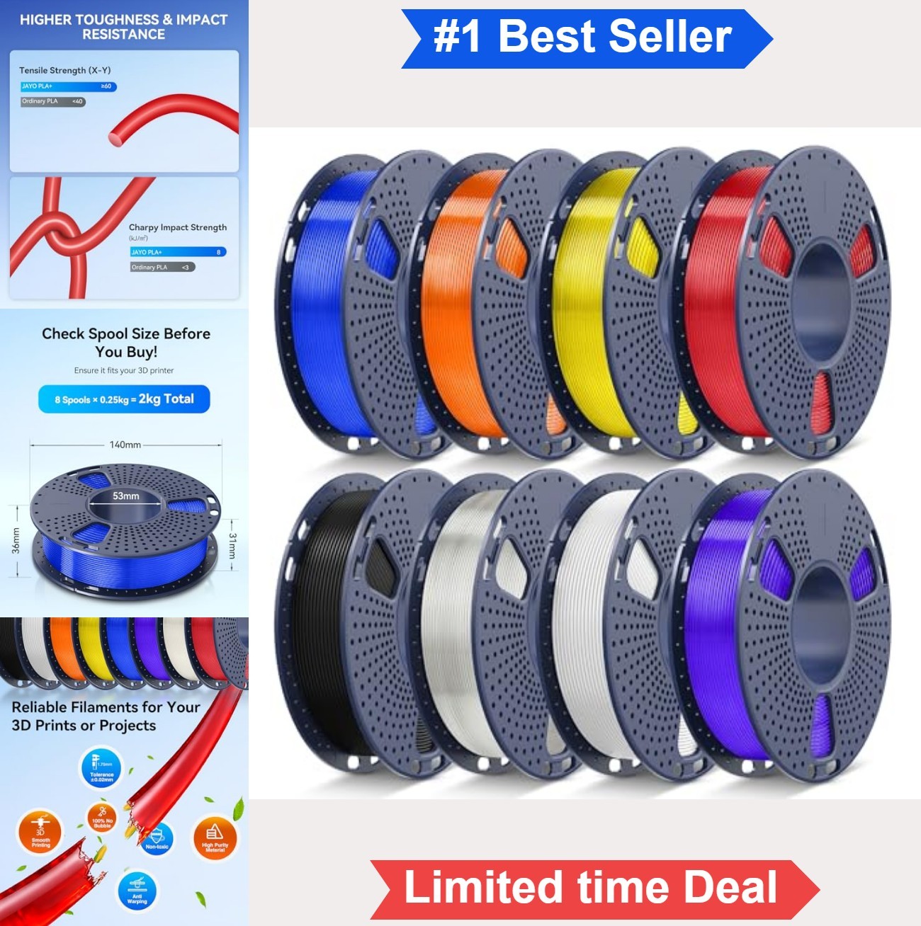 PLA+ 3D Printer Filament 1.75mm 8 Colors 250g Spools 2kg Bundle Multicolor Low