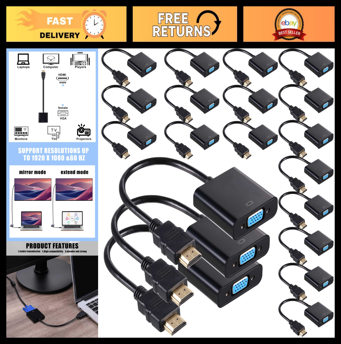 Digital AV to VGA Adapter Converter - 20 Pack, High-Quality Video & Audio Soluti