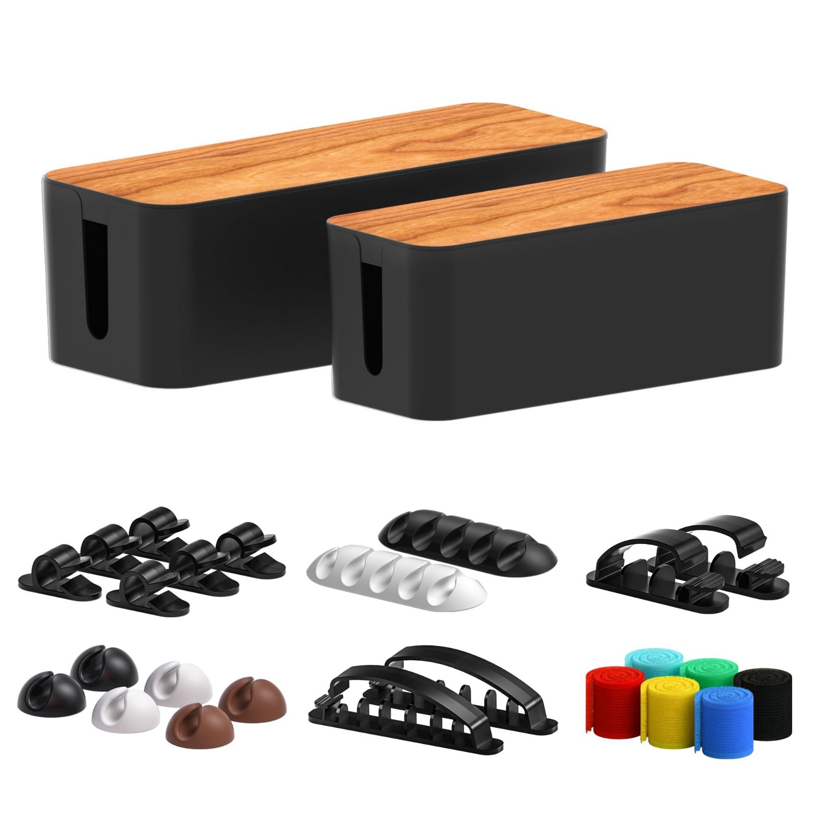 2 Pack Cable Management Box Set - Wooden Style Cord Organizer for Home & Office,