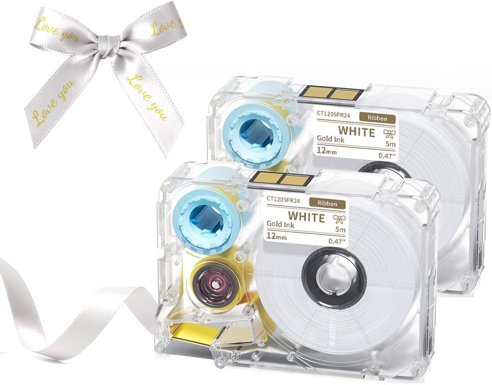 A30 P15 Ribbon Printer Label, Gold on White Satin Ribbon