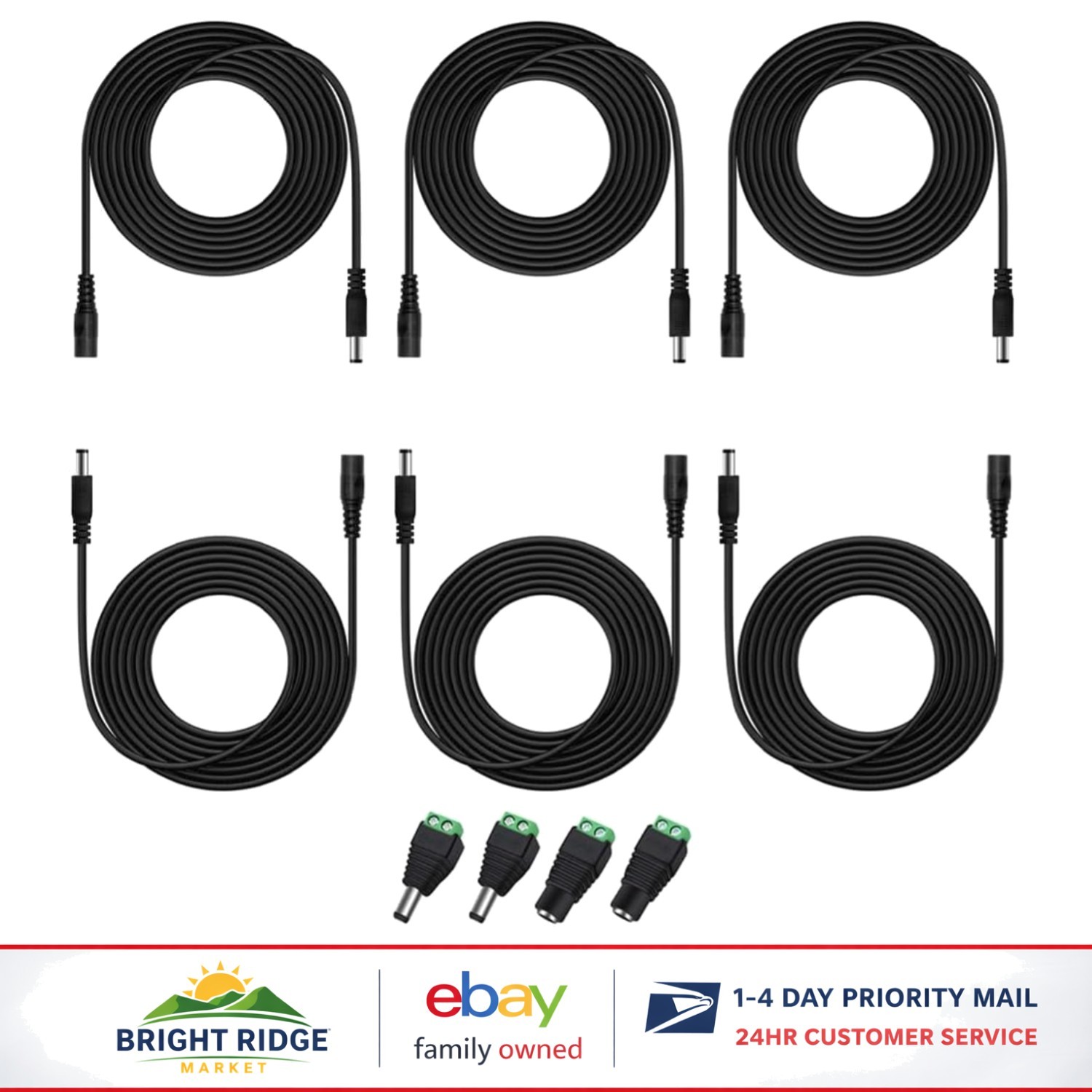 Shock-Resistant 10FT DC Power Extension Cable with Adapter Connectors, 6 Count