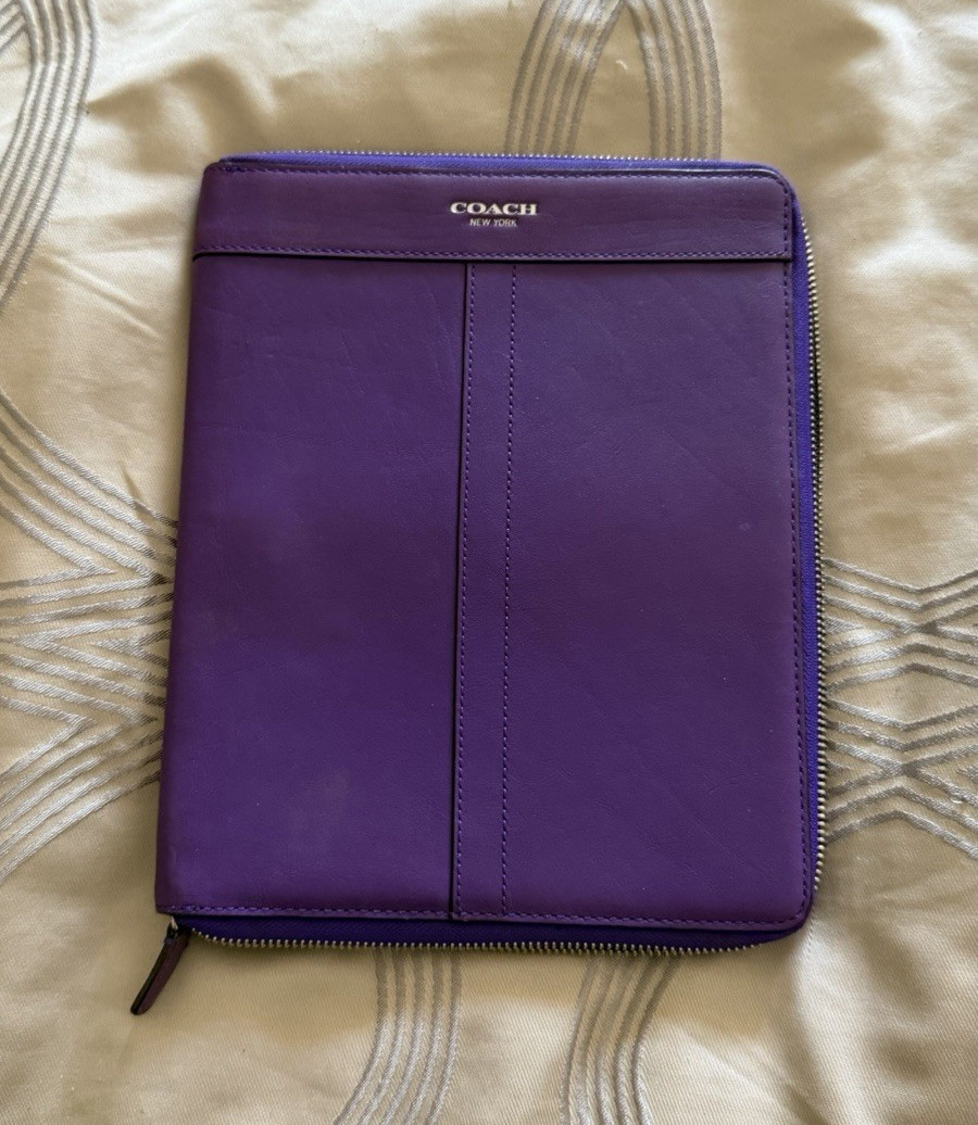 Coach Purple Leather Zipper Folding Folio Case for iPad with Interior Pockets