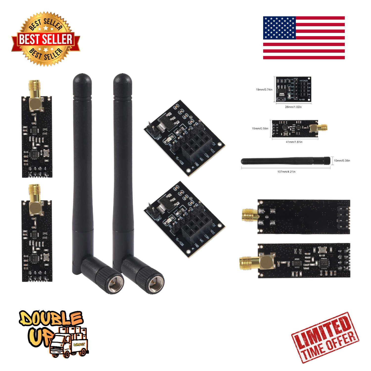 2Pcs NRF24L01+PA+LNA RF Wireless Transceiver Module with SMA Antenna 2.4G...