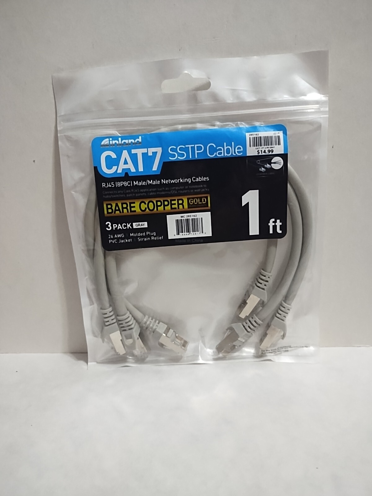 Inland  CAT 7 Bare Copper stranded SSTP 1FT 3pack-Gray