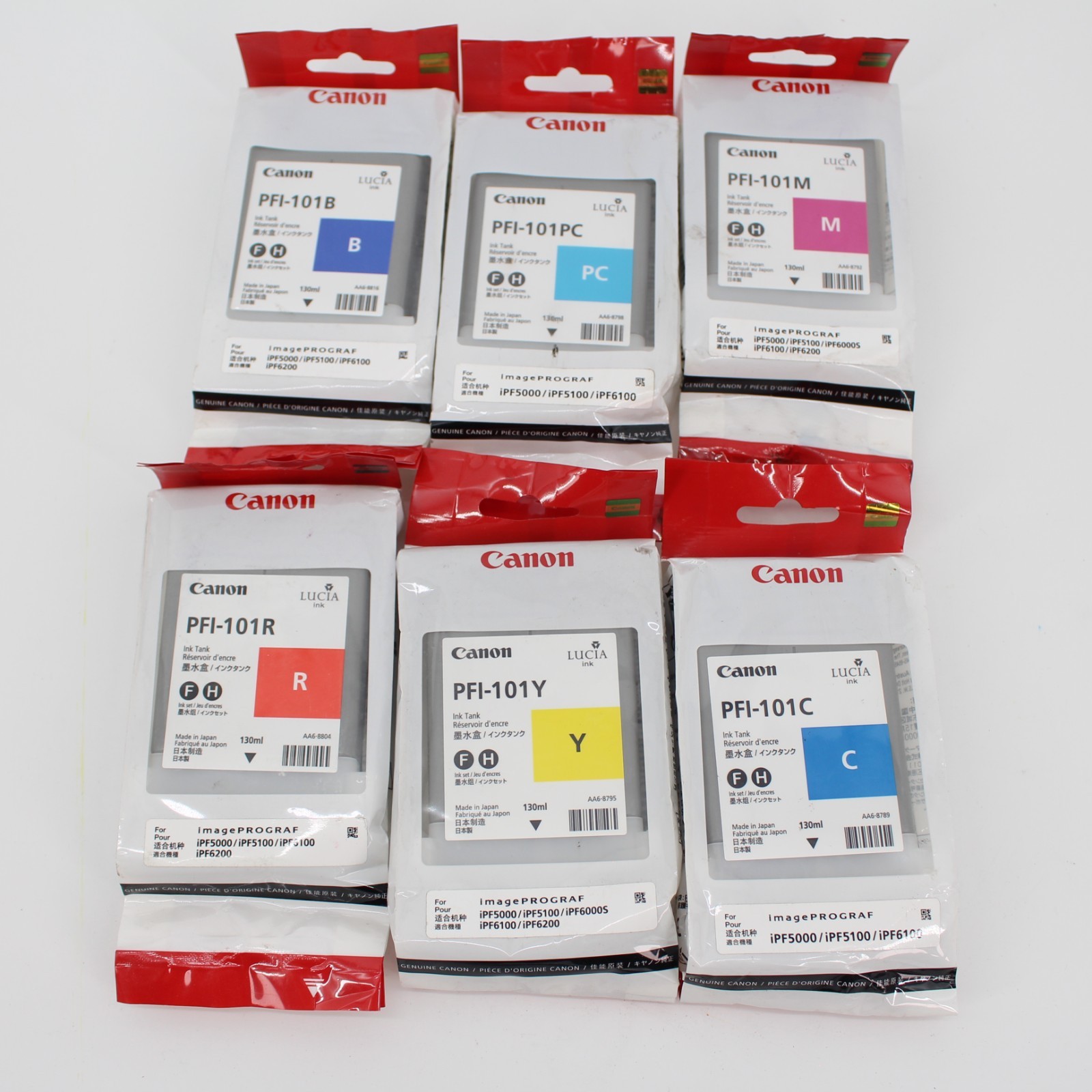 Lot 6 Canon PFI-101  Genuine Ink Cartridges  Red Cyan Yellow Magenta Blue OEM