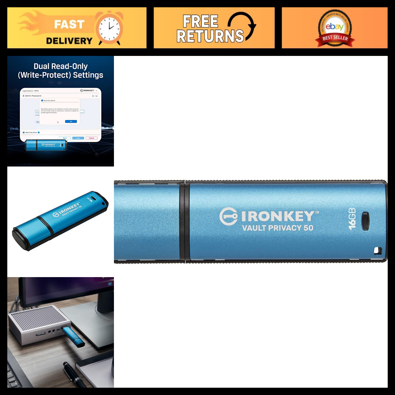 Encrypted USB Flash Drive 16GB - Kingston IronKey Vault Privacy 50, Secure Stora