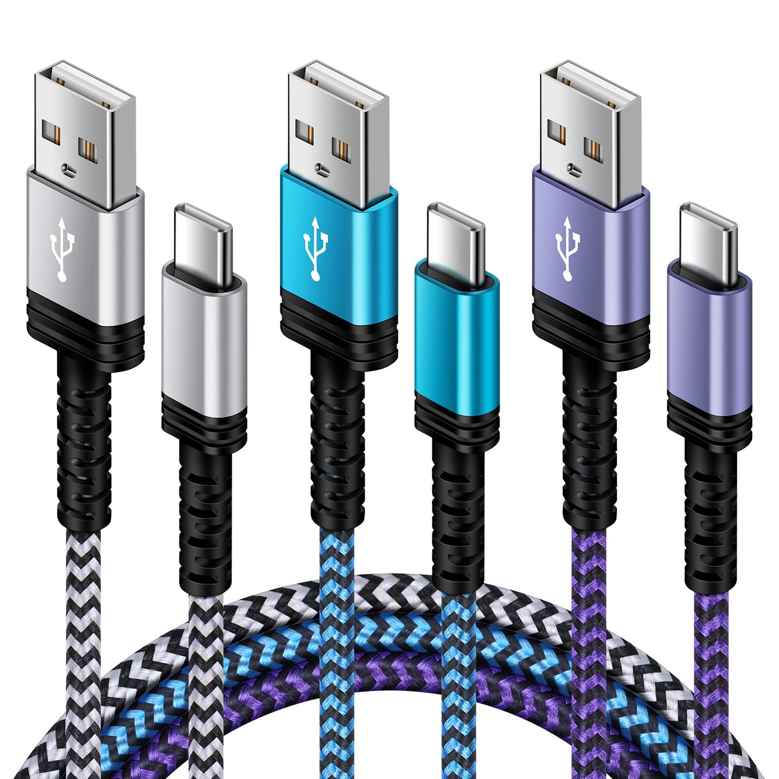 USB C Charger Cable Fast Phone Android Power Cord White,Blue,Purple