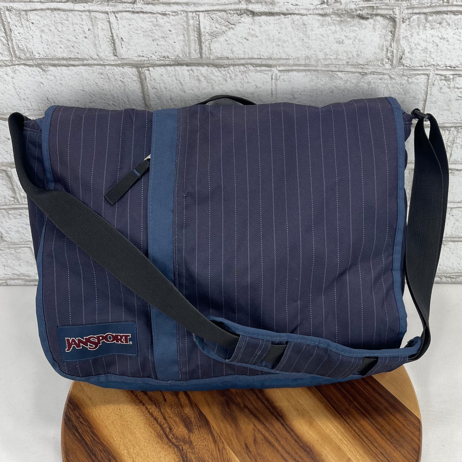 Jansport TPF3 Blue Navy Striped Canvas Multipocket 15.4" Laptop Messenger Bag