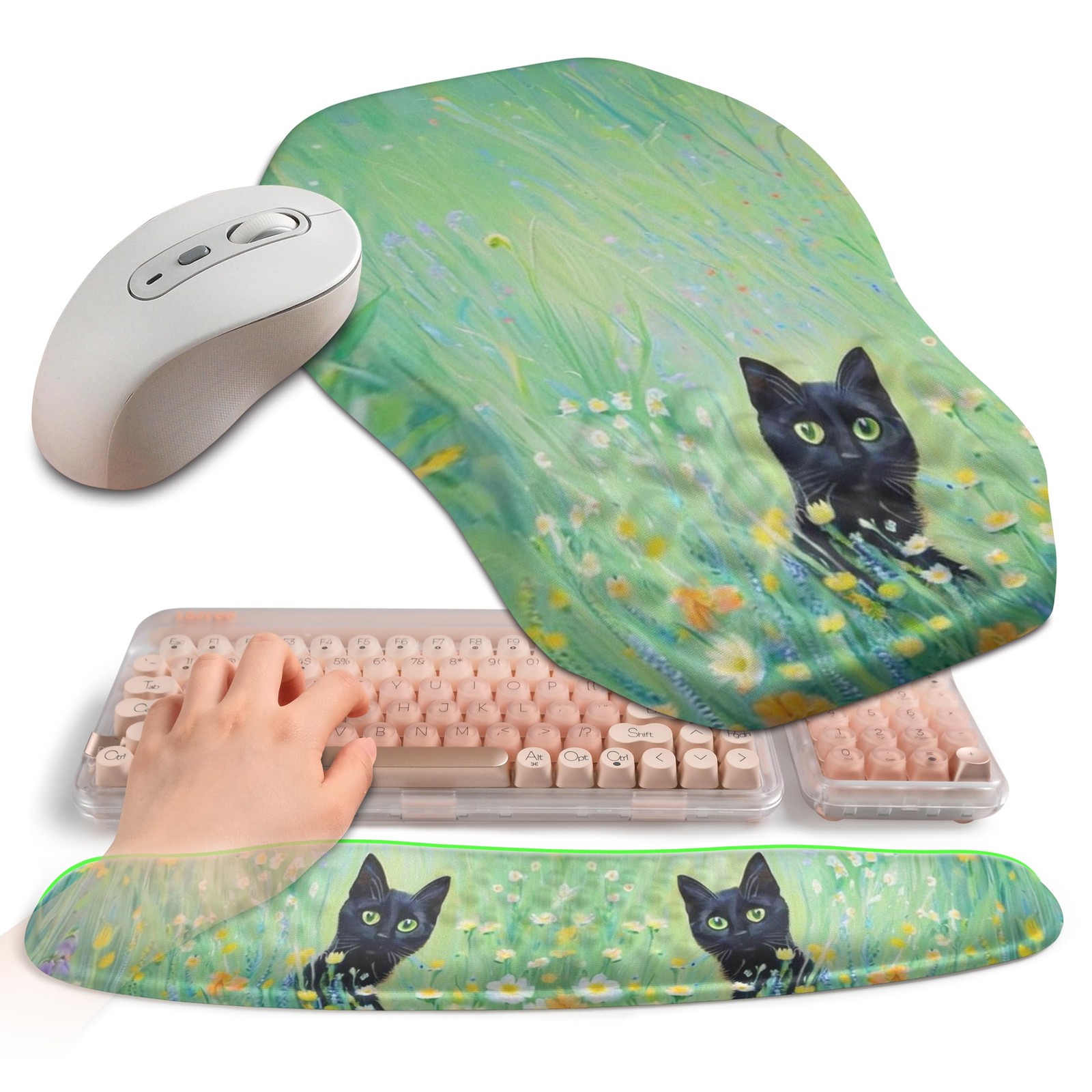 2in1 Ergonomic Wave Keyboard Mouse Pad Wrist Rest Memory Foam Oil Paint Cat