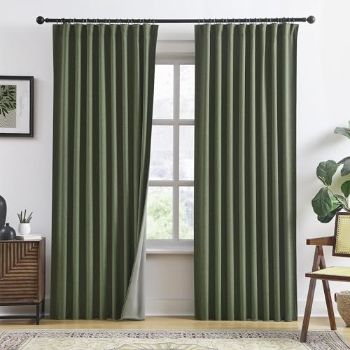  2 PCs Olive Green Linen Blackout Curtains 84 50"W x 84"L (Pack of 2) Loden
