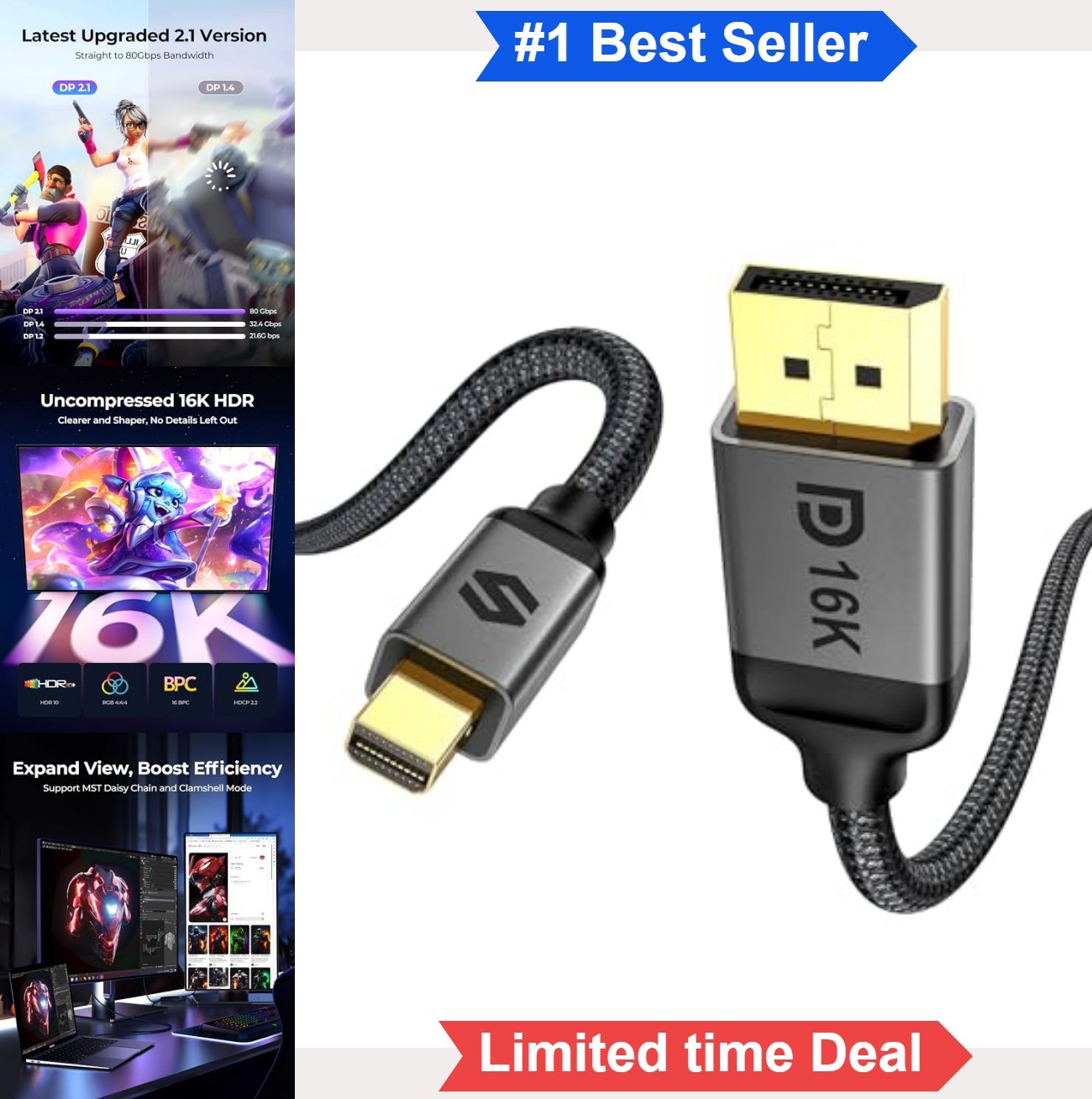 Mini DisplayPort to DisplayPort 2.1 Cable 16K 60Hz 8K 120Hz 4K 240Hz 80Gbps HDR