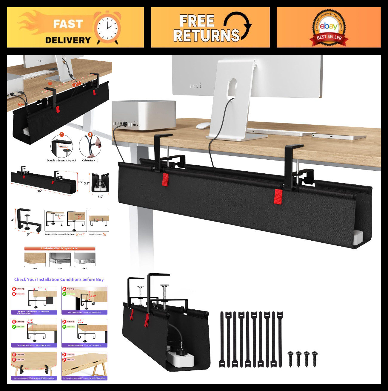 36-Inch No-Drill Under Desk Cable Management Tray - Tidy Up Cords & Wires