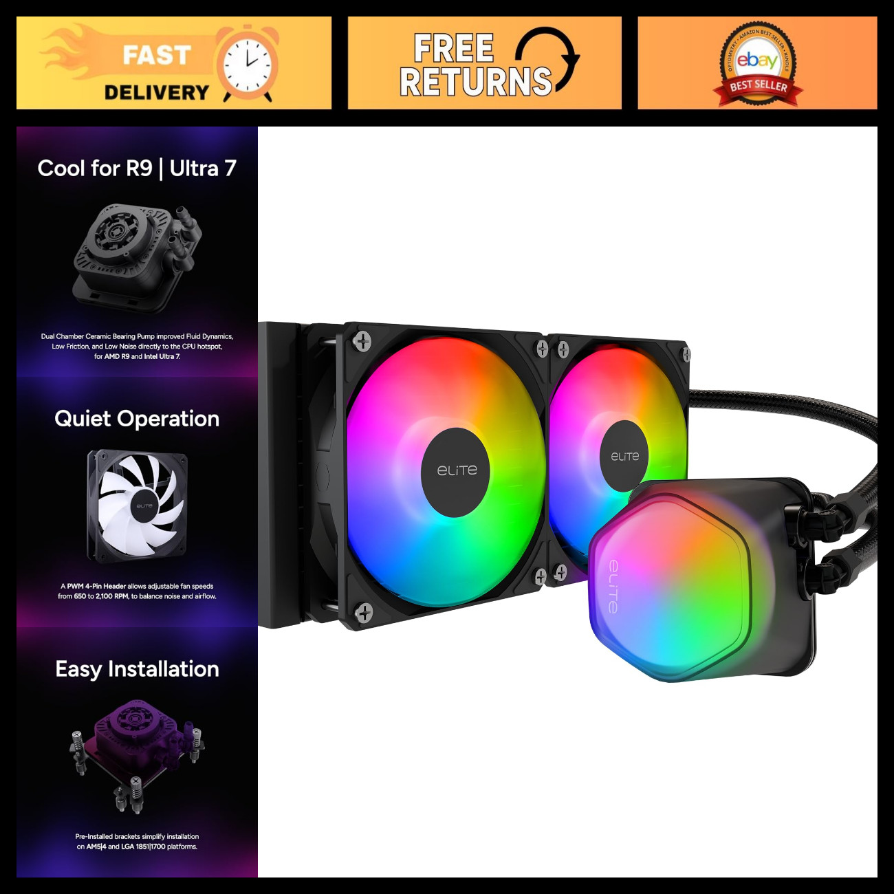 240mm AIO Liquid CPU Cooler with ARGB Lighting - High Performance Cooling Soluti