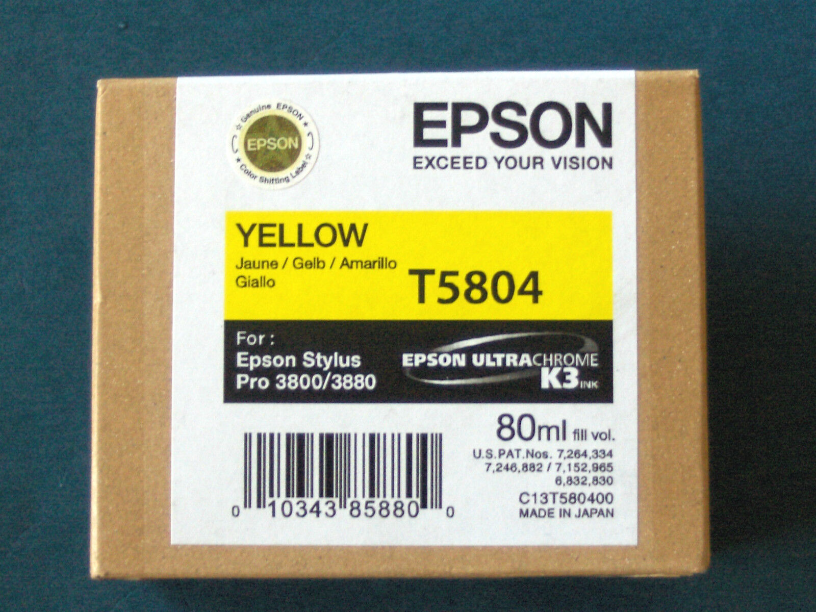 New in Box Exp 10-2023 Genuine Epson Pro 3800 3880 Yellow K3 Ink T5804 T580400