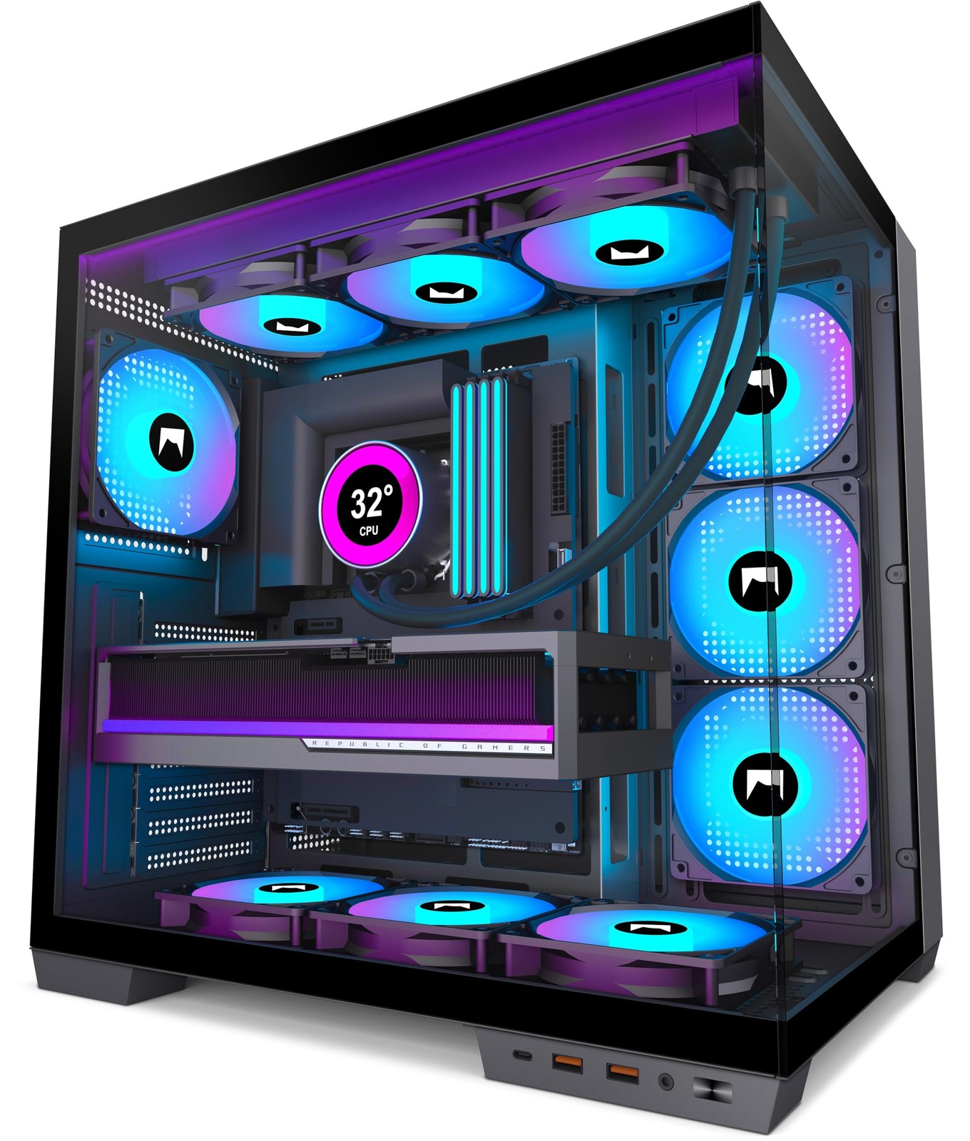ATX PC Gaming Case Mid-Tower 7 PWM ARGB Fans Dual Cavity Type-C Black