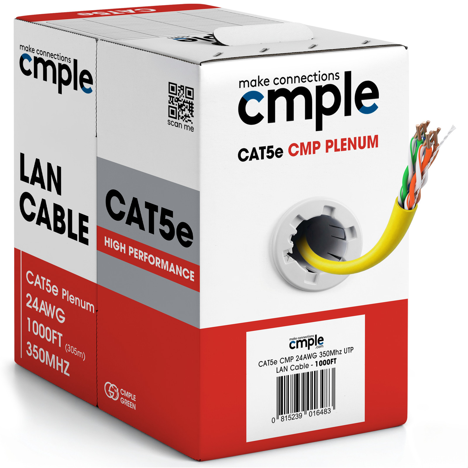 Cat5e Ethernet Cable 1000ft Plenum CMP Solid 24AWG UTP 350MHz Easy Pull Bulk