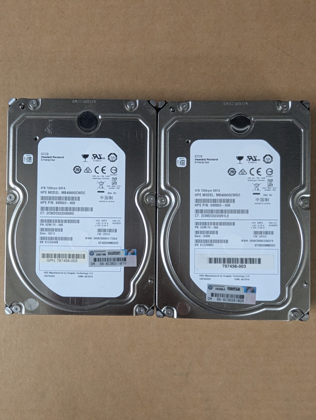 Lot of 2 HP 4TB / 128MB SATA 7.2K RPM 3.5" Hard Drive MB4000GCWDC /ST4000NM0033 