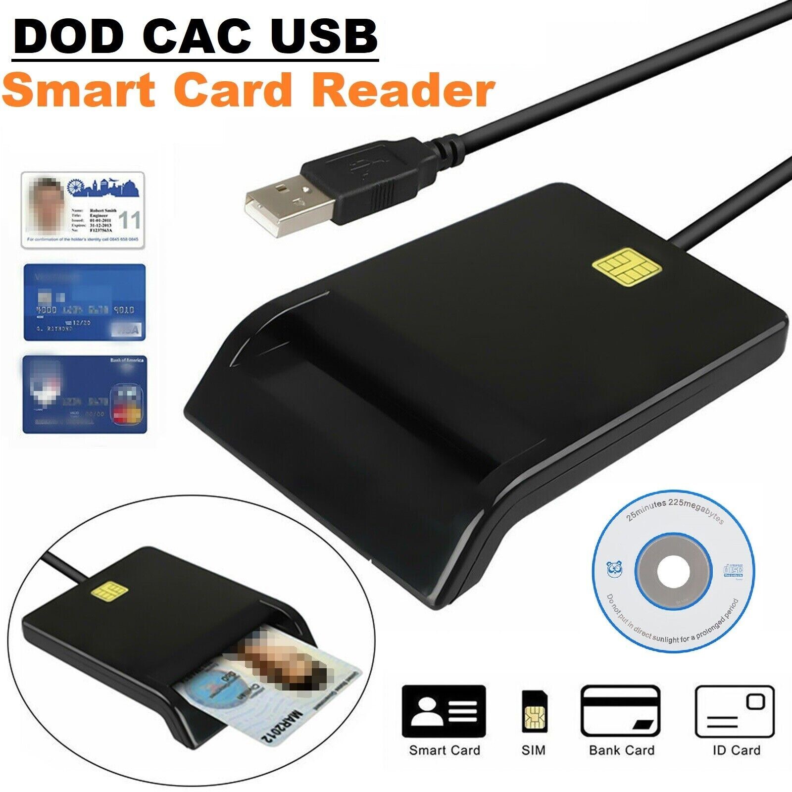 CAC Reader, DOD Military USB 2.0 Common Access, for ID IC Bank Credit Smart Card