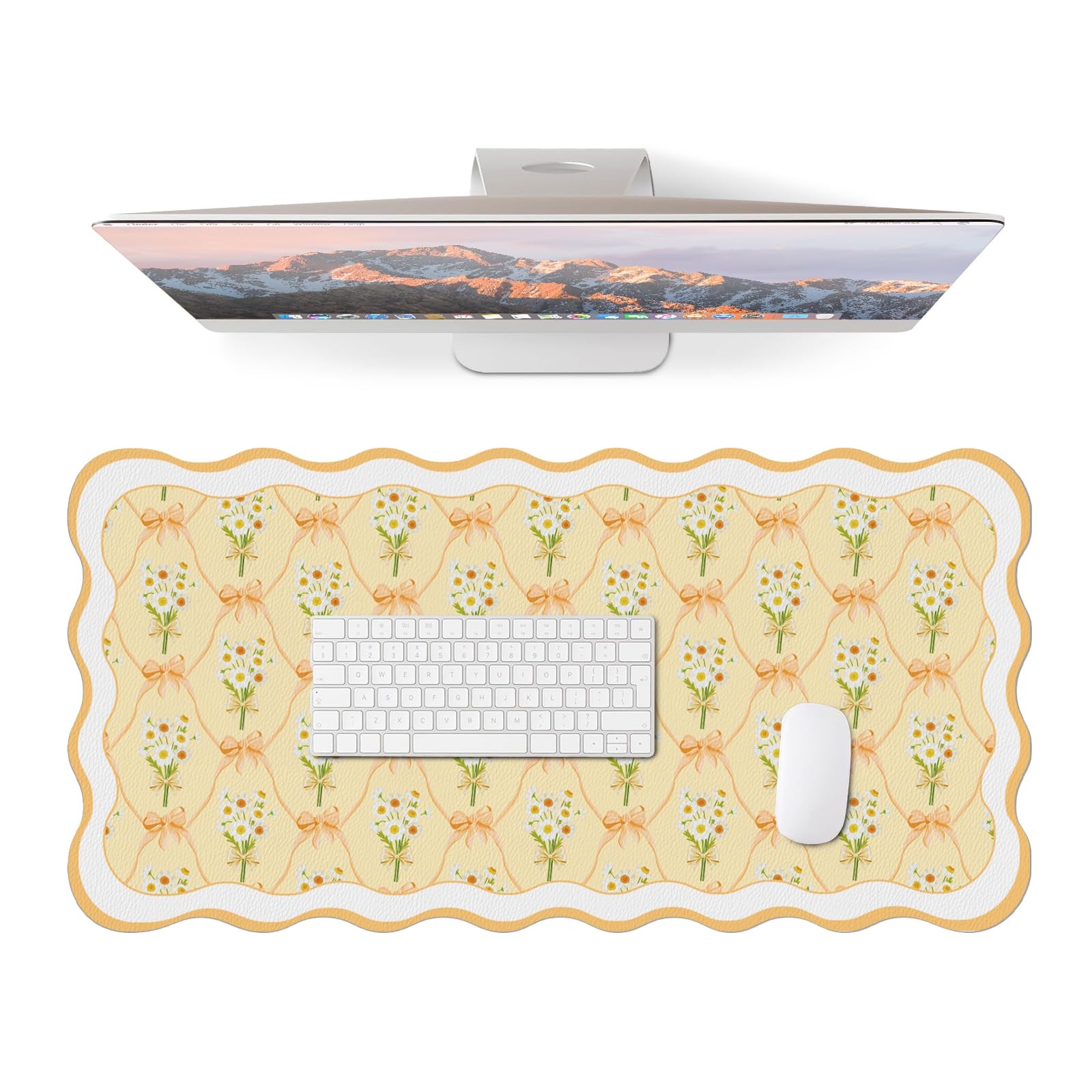 Cute Desk Mat for Keyboard and , Large Scalloped Desktop Mat, Washable Non-Sl...