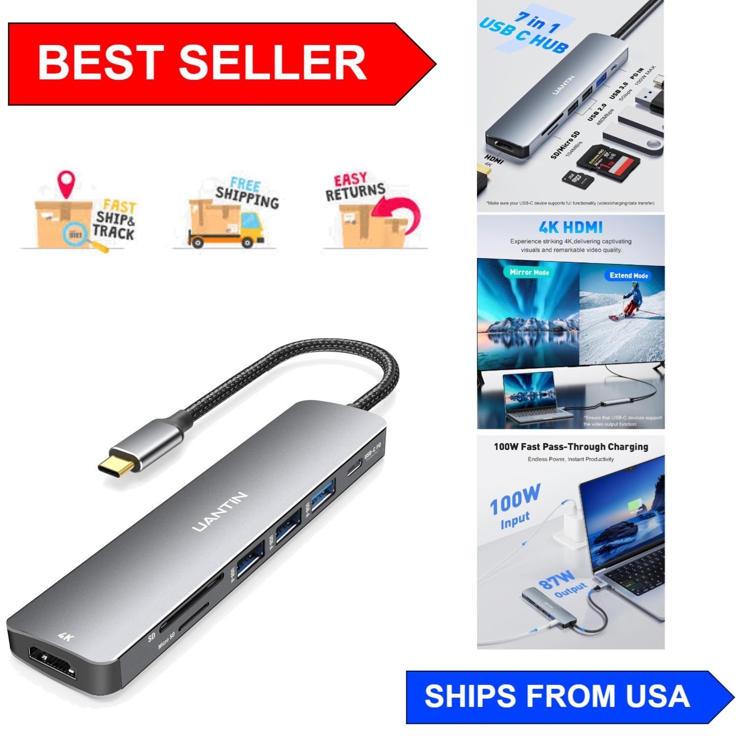 Sleek 7-in-1 USB C Hub with 4K HDMI & Fast Charging for All Type C Laptops
