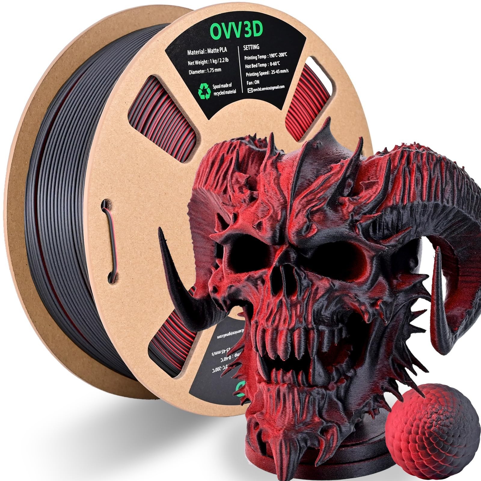Dual Color Matte PLA Filament 1.75mm - Red Black, 1kg, High Speed 3D Printing, +
